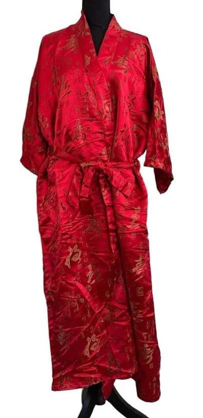 Vintage Double Peach Red Satin Kimono Robe with Gold Calligraphy Pattern